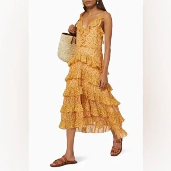 ❌❌SOLD❌❌450 MAJE Printed Cotton Voile Dress With Ruffles Orange | Womens Dresses - Picture 5 of 11